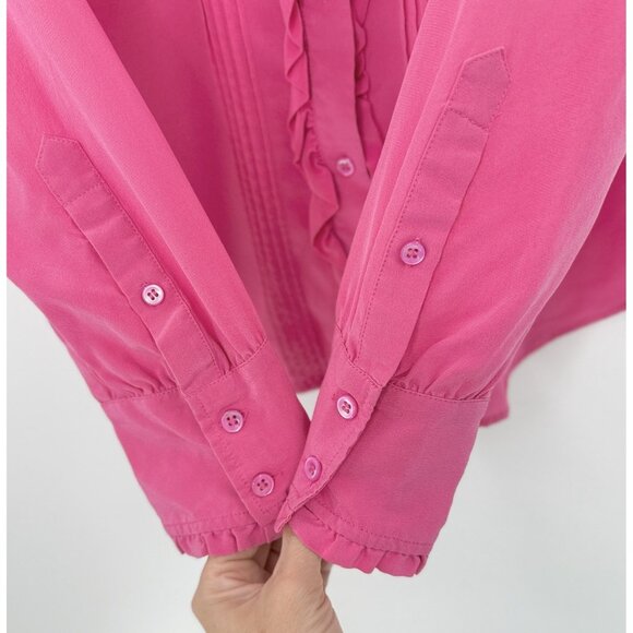 J.Crew Ruffle Silk Button-Up Bright Pink Blouse Size 4T Boho Preppy See Photos - Picture 6 of 12
